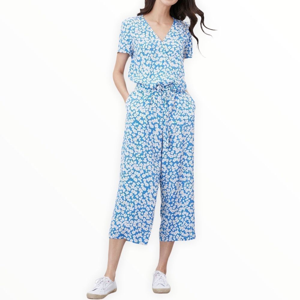 Joules Celine Blue Floral Culotte Jumpsuit Surplice Neckline Short Sleeves